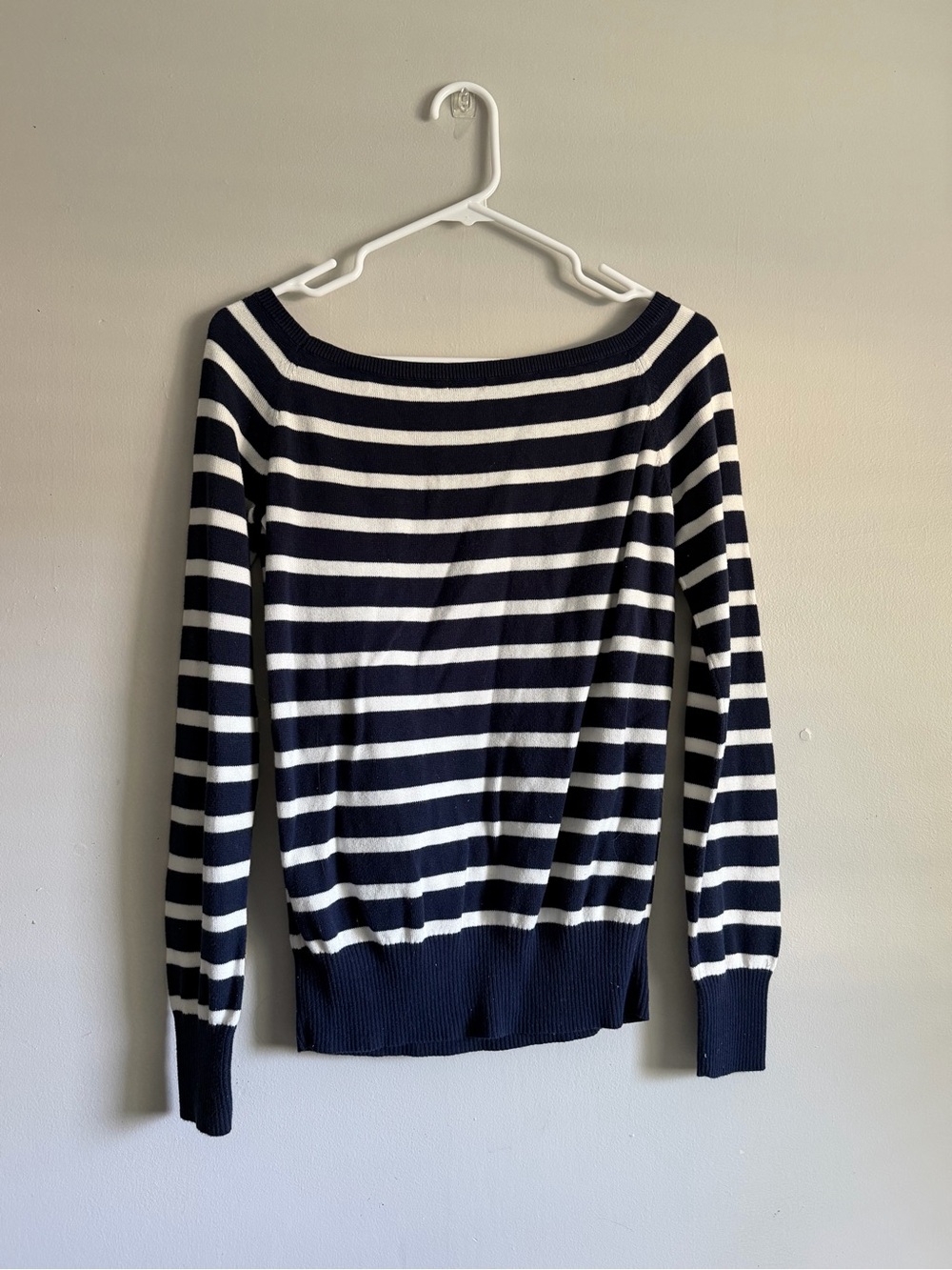 John Galt Navy and White Off-the-Shoulder Striped Sweater
